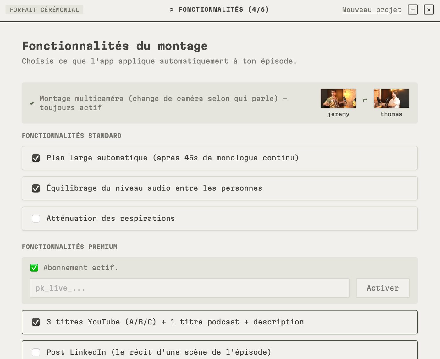 L’écran des fonctionnalités de Podkilla : montage multicaméra, plan large, équilibrage audio et options éditoriales à cocher